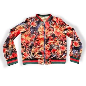 Mango Crushed Velvet Floral Red & Green Contrast Bomber Jacket Size Small